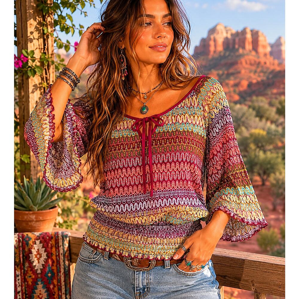 Mauve Boho Peasant Top Smocked Waist Bell Sleeve Festival Blouse Size M